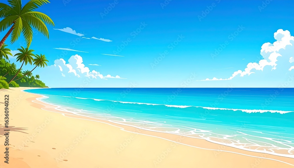 Fototapeta premium Tropical beach scene under a vibrant blue sky.