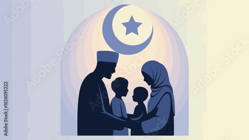 Family Togetherness with Islamic Crescent and Star Symbol