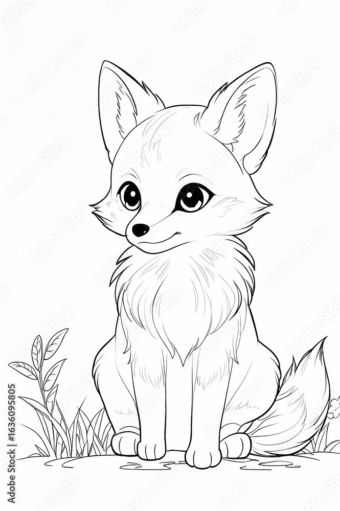 Obraz premium Easy and bold coloring page, cute fox sitting on grass with large expressive eyes 