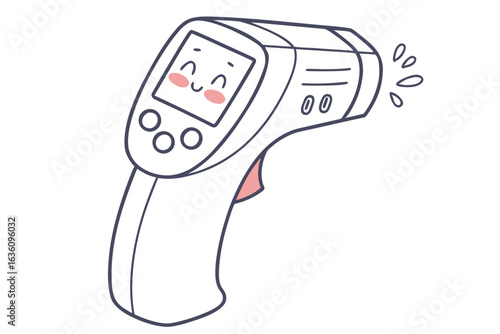Cute Cartoon Infrared Thermometer with a Smiling Face and Little Cheeks Emitting Heat, Health and Safety Awareness