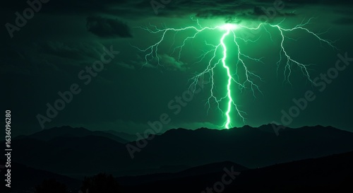 An epic digital painting of a powerful bolt of electricity in a deep green color