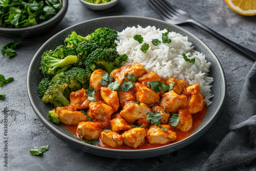 Fototapeta premium Savory Orange Color Glazed Chicken Pieces on a Plate with Steamed Rice and Fresh Broccoli Florets