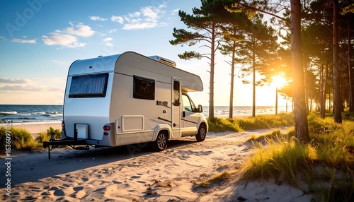 Campervan parked on sandy beach at sunset