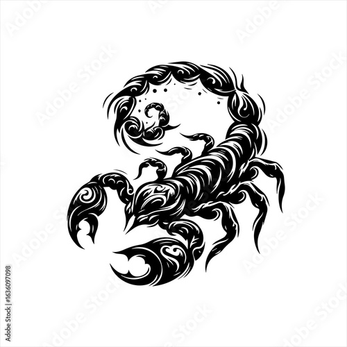 Tribal scorpion tattoo design black and white illustration