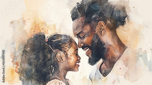 A heartwarming watercolor illation of an African American father and daughter, their faces filled with love as they gaze into each other's eyes.