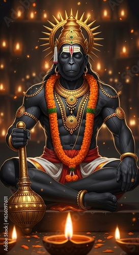 Hanuman meditating hindu god illustration for diwali festival celebration and spiritual practice