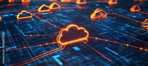 A cloud computing network connecting multiple data centers through glowing circuits 