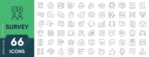 Survey and Feedback Line Icon Set. Set of 66 outline icons including questionnaires, rating stars, comments, analysis, polls, responses, and insights. Editable stroke. Linear vector illustration.
