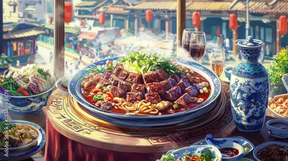 Fototapeta premium A richly prepared dish of seasoned beef with noodles and vegetables.