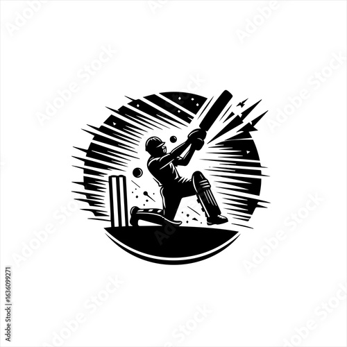 Dynamic silhouette of a cricketer batting with a powerful swing