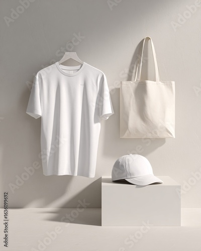 Clean minimalist studio scene featuring a blank white t-shirt on a hanger, plain white cap on a pedestal, and an unbranded canvas tote bag hanging.