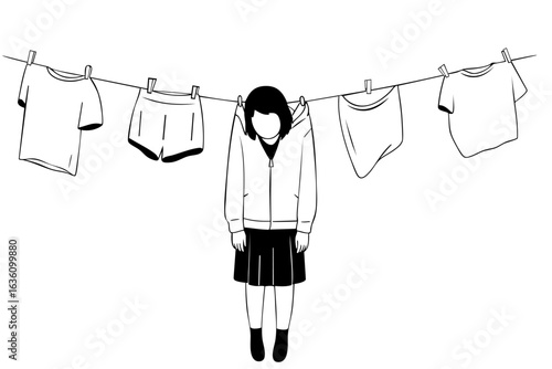 Girl hanging on clothesline among laundry, metaphor of emotional burnout, identity crisis, depression and mental exhaustion, concept of psychological struggle and inner emptiness

