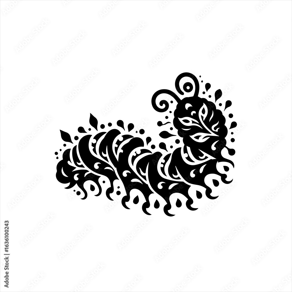 Fototapeta premium Ornate black silhouette of a stylized caterpillar with swirls and leaves