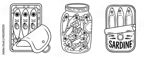 Canned sardines in tin can and glass jar, preserved fish seafood in packaging for long-term storage, traditional snack and protein food product for gastronomy