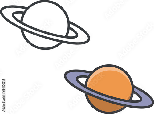 Illustration showing two saturn planets one in outline and one colored in orange with grey rings