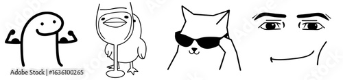 Set of popular internet meme characters — doodle man flexing muscles, bird with drink, wine, cool cat in sunglasses, and smug eyes with smile, humorous reaction for online communication