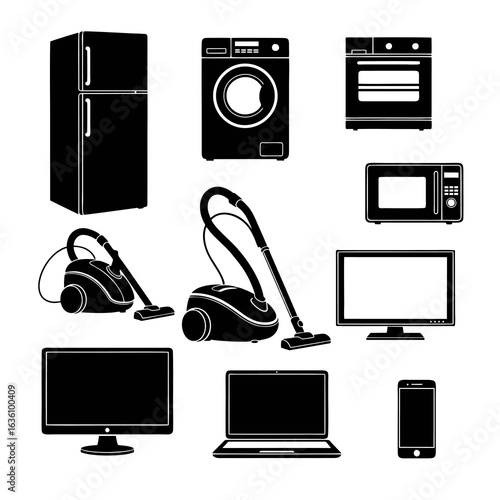 Set of silhouettes of various household electronics