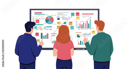 Three people, two men and one woman, stand looking at a large interactive display showing various charts, graphs, and data visualizations.