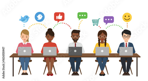 Diverse group of people sitting at a table using laptops, connected to social media icons and online communication symbols.