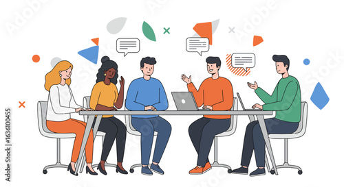A diverse group of five people are seated around a table, engaged in a discussion with speech bubbles above their heads. Laptops are present on the table.