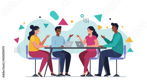 Four diverse people sit around a table with laptops, engaged in conversation, with colorful geometric shapes in the background.