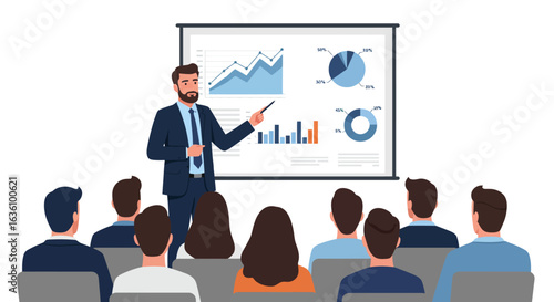 A man in a suit presents a chart to an audience during a business meeting or training session using a projector.