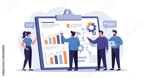 Four people collaborate on a large clipboard analyzing charts, graphs, and gears, discussing business strategy and problem-solving.