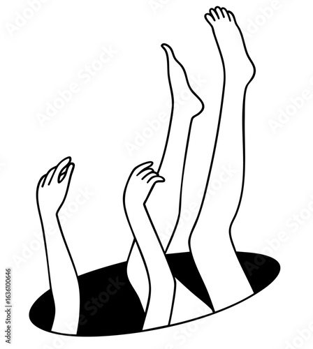 Human arms and legs emerging from dark hole, metaphor of losing oneself and disorientation, concept of mental health crisis, emotional burnout, depression and existential struggle


