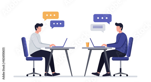 Two people sitting at desks facing each other, typing on laptops with speech bubbles above their heads, representing online communication.