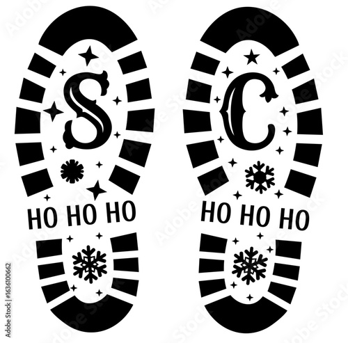 Santa Claus boot prints with Ho Ho Ho text and snowflakes, festive footprint pattern symbolizing Santa entering home to deliver Christmas gifts under the tree