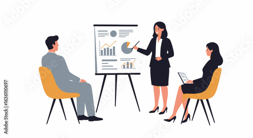 A businesswoman presents a financial report on a flip chart to two colleagues, one taking notes on a laptop, in a business meeting.