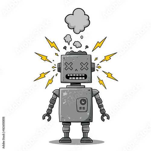 Cartoon illustration of a broken, gray robot with crossed eyes, smoke emanating from its head, and lightning bolts around it.