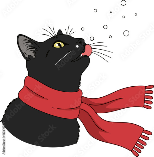 A charming black cat illustration with bright yellow eyes, wearing a cozy red scarf and licking its lips at falling snow