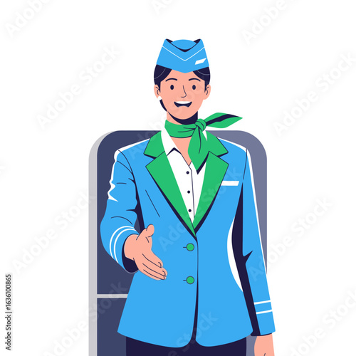 Smiling flight attendant in blue uniform with green scarf extends her hand in a welcoming gesture.