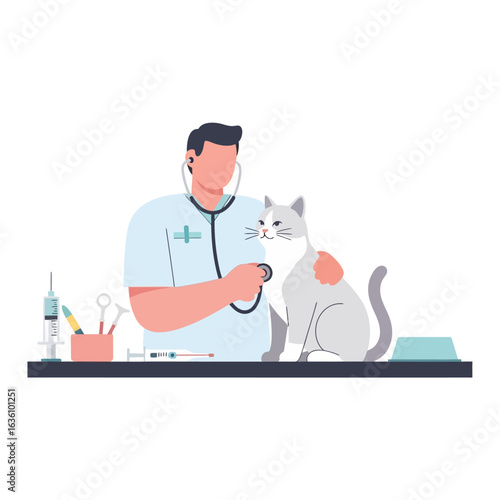 A veterinarian examines a gray and white cat with a stethoscope on a table with medical tools.
