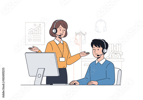 A female supervisor guides a male employee at a computer workstation, both wearing headsets in a call center environment.