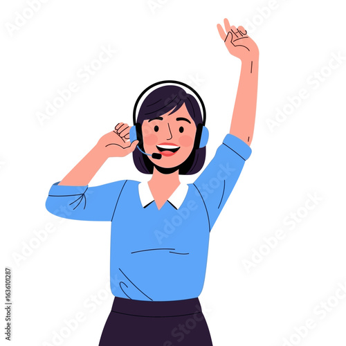 Smiling woman with headset raising her arm in a cheerful gesture, possibly celebrating a successful call or achievement.