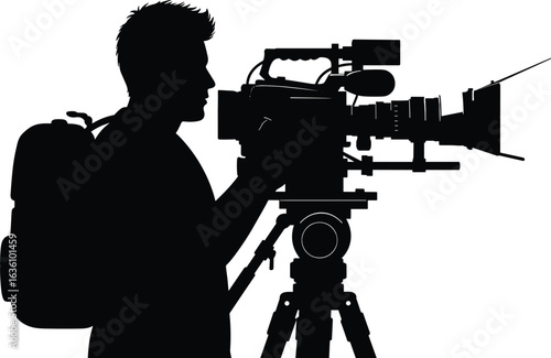 Cameraman silhouette, professional camera operator, videographer shooting, filmmaking process, tripod camera setup