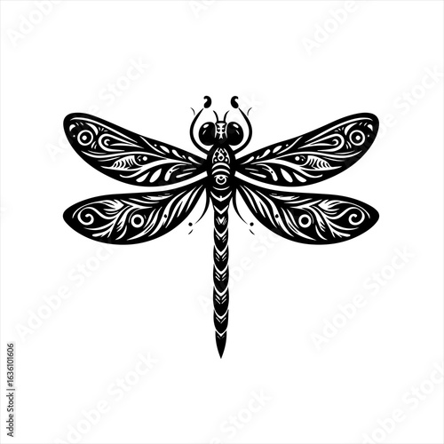 Intricate black dragonfly silhouette with decorative wings