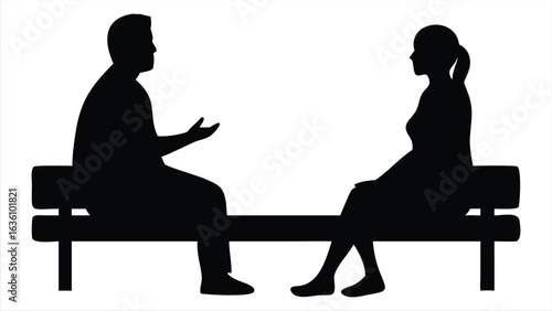 Silhouette of a man and woman sitting on a park bench facing each other engaged in a conversation with expressive hand gestures