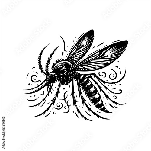 Detailed black and white illustration of a mosquito in flight