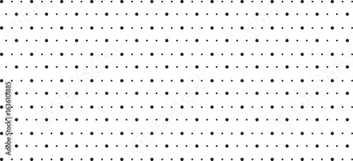 Minimal black dotted pattern on white background in seamless horizontal rows. Simple polka dot design perfect for wallpapers, packaging, textiles, and modern branding backgrounds.