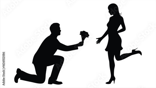Silhouette of a man on one knee offering a bouquet of flowers to a woman, symbolizing a marriage proposal or romantic gesture against a white background