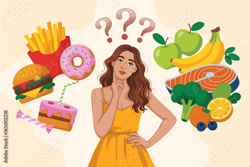 Woman Deciding Between Healthy and Unhealthy Food Choices Diet Nutrition.