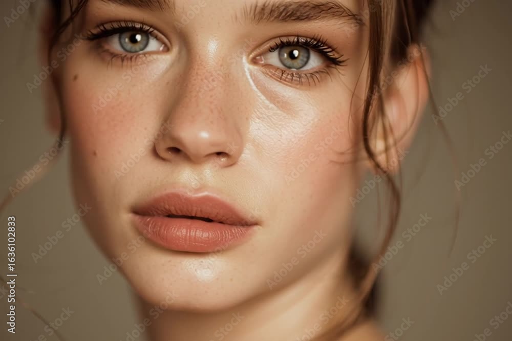 Stunning beauty shot of a woman with luminous, dewy skin, freckles, and natural tones, perfect for skincare and cosmetic concepts.
Stunning beauty shot of a woman with luminous, dewy skin, freckles, and natural tones, perfect for skincare and cosmetic concepts.