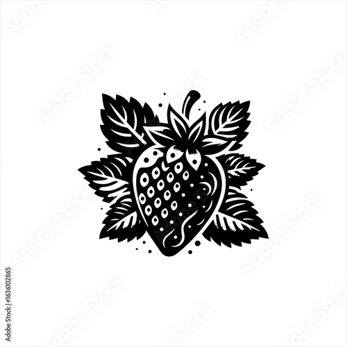 Stylized black and white strawberry with leaves and dots