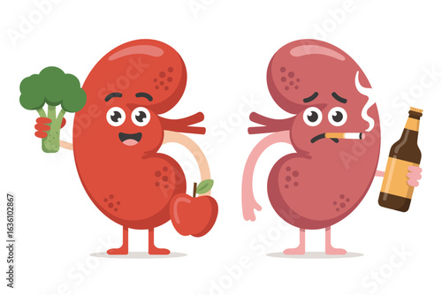 Healthy versus Unhealthy Kidneys Cartoon Illustration for Medical Education.