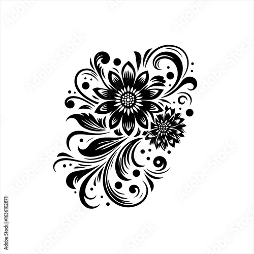 Elegant black and white floral swirl design with flowers