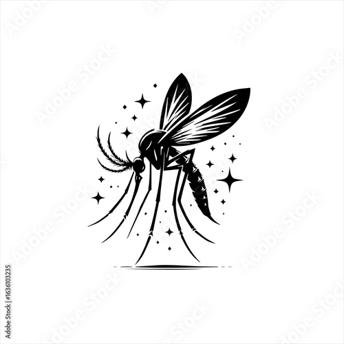 Stylized black silhouette of a mosquito with sparkling stars