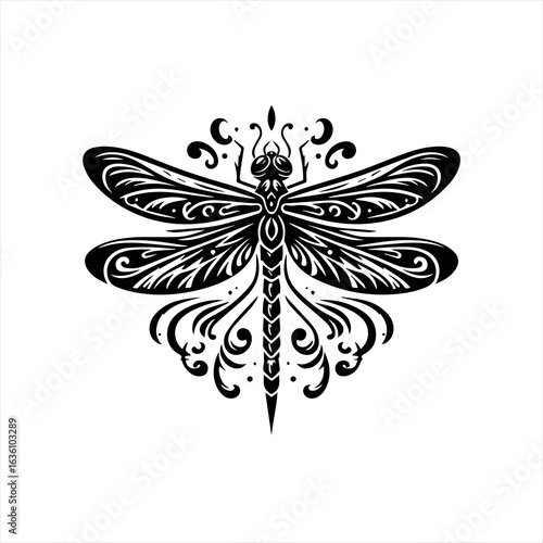 Ornate black dragonfly silhouette with swirling decorative elements